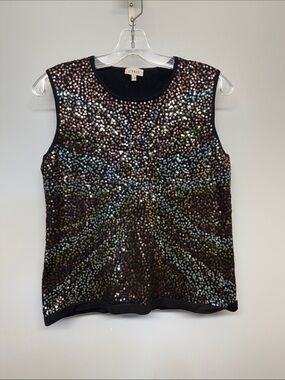 Louis Feraud Silk Black Sequin Scoop Neck Party Top
